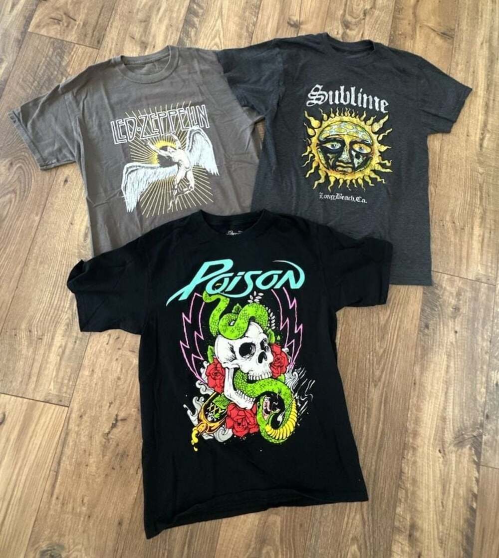 Bundle of 3 Vintage-Style Rock Band T-Shirts: Poison, Led Zeppelin, and Sublime